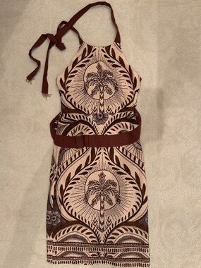 Halter Midi Summer Linen Dress in Cream and Brown Palm Motif - Beachy